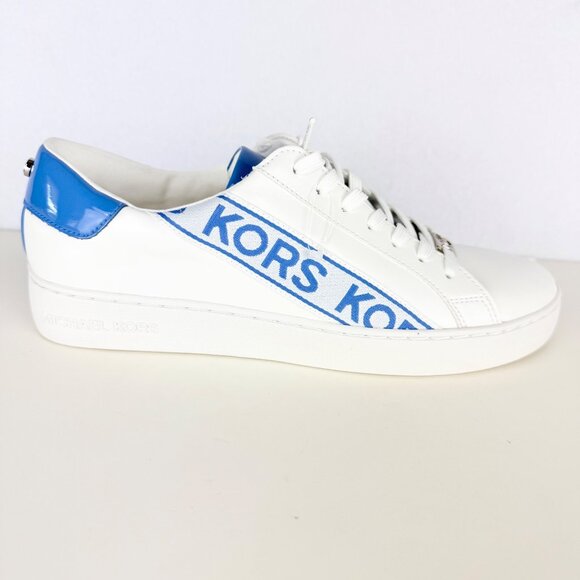Michael Kors Women's KORS Print Side Faux Leather White Blue Sneakers Sz 8M NWOT - Picture 1 of 12